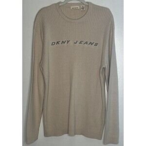 DKNY Jeans Ribbed Crewneck Sweater Y2K Mens XL Cotton Ivory